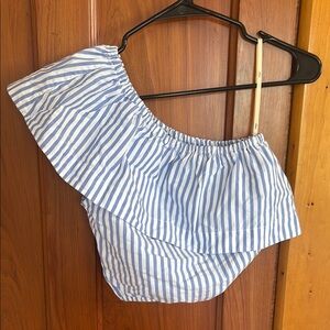 Aritzia Wilfred Blue and White Striped one shoulder Crop Top, size XS
